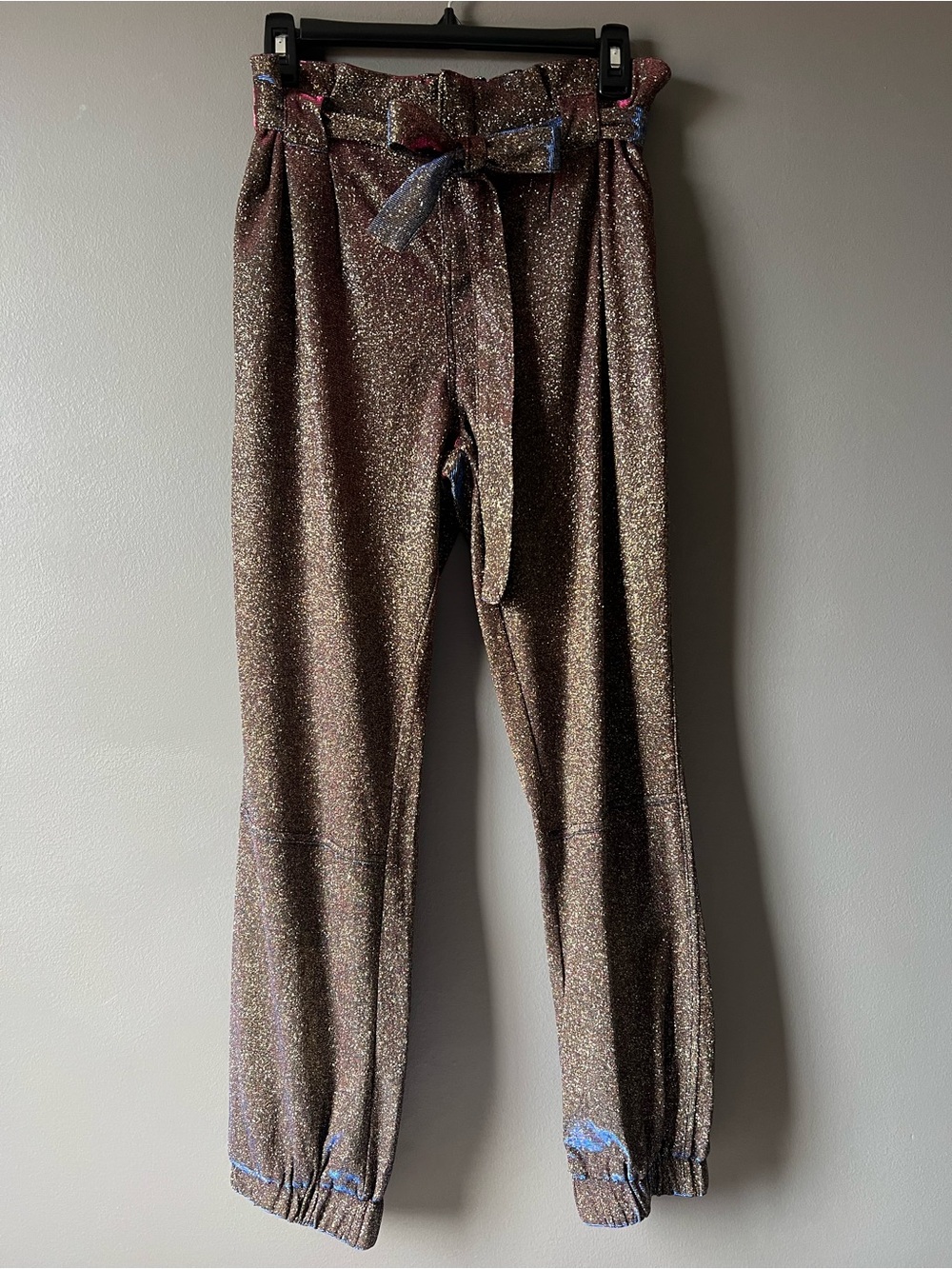 Akira Sparkle Metallic Pants with Paper Bag Style Tie Waist - Pinky Blue Bronze